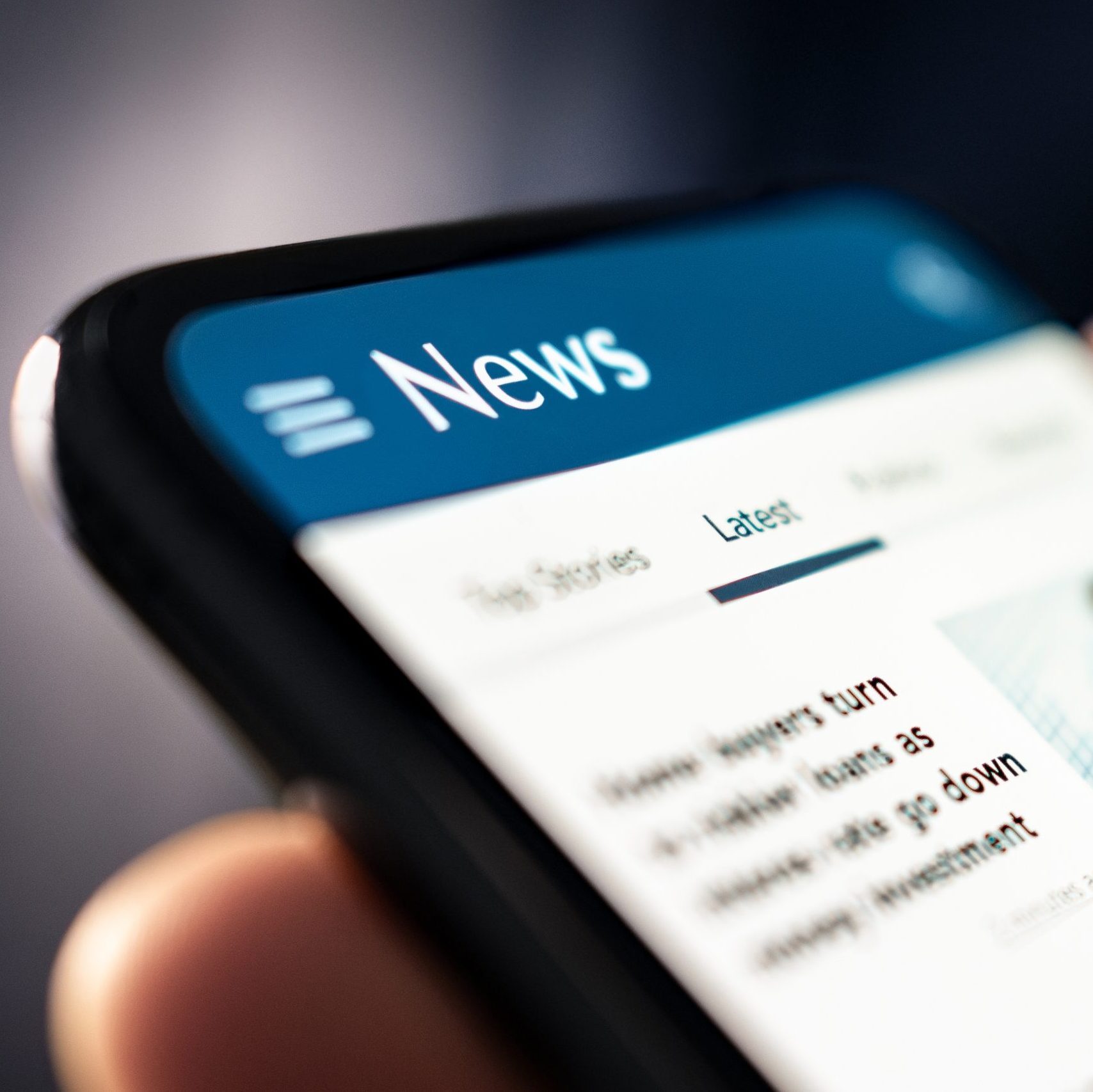 News and press. Media release. Newspaper reading with phone. Digital online article and headlines on website. Report, publication or blog. Mockup of daily mobile portal feed. News on a cell phone